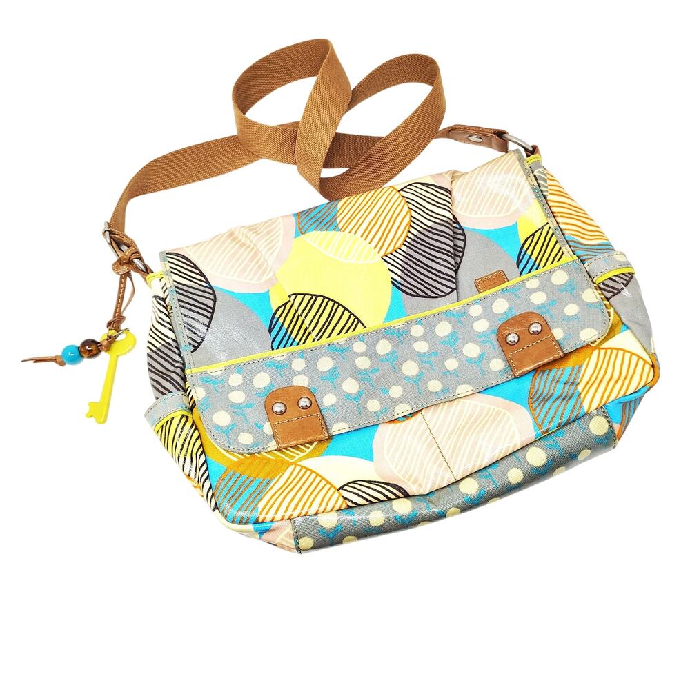 Fossil Key Per Mod Floral Circle Dots Coated Canvas Messenger Bag Y2K Vintage